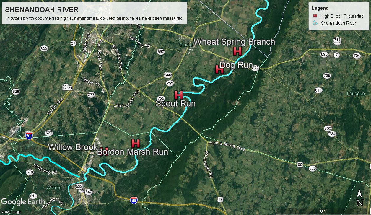 Shenandoah River tributaries with documented high summer bacteria